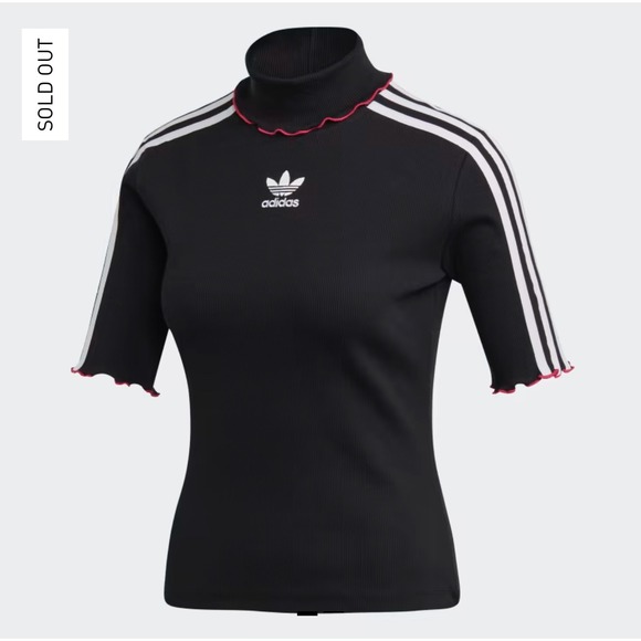 adidas Tops - Adidas originals Mock Neck‎ Top Ribbed 3 Stripe Tee Shirt Ruffle Trim Black XS